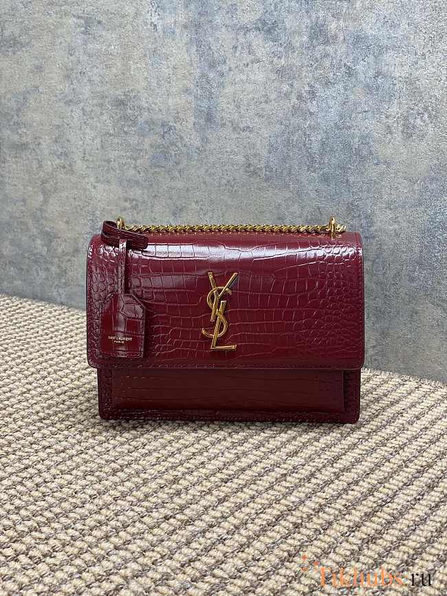 YSL Sunset Bag Red Wine Crocodile Gold 22x16x8cm - 1