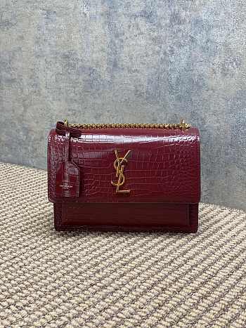 YSL Sunset Bag Red Wine Crocodile Gold 22x16x8cm