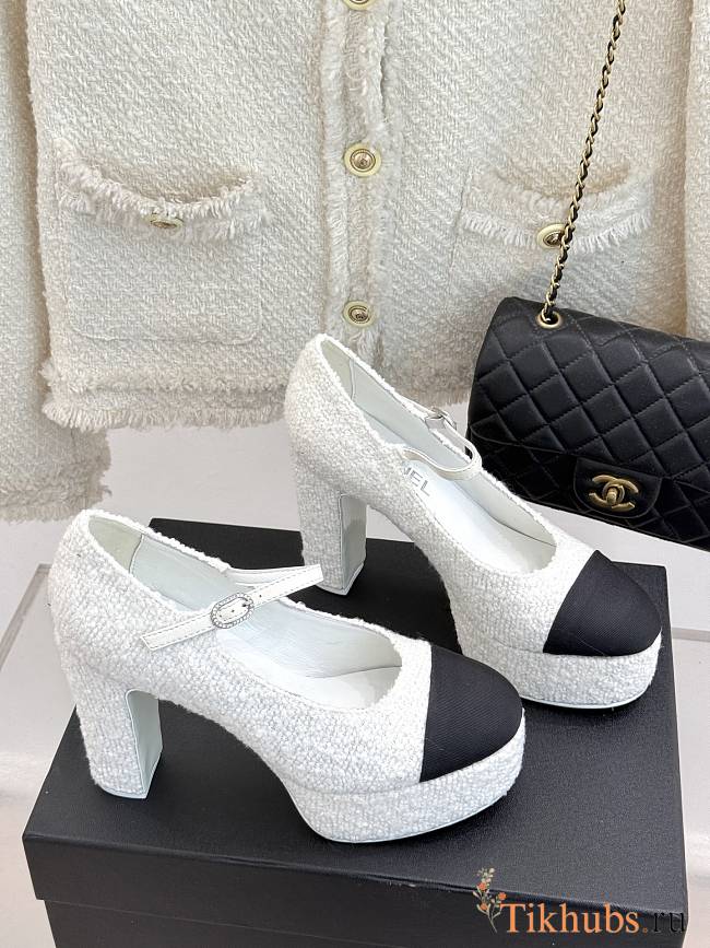 Chanel Mary Jane White Tweed Heel 11cm - 1
