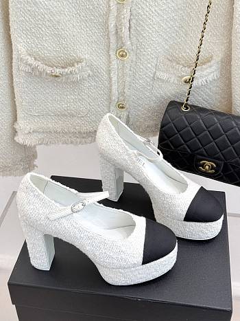 Chanel Mary Jane White Tweed Heel 11cm