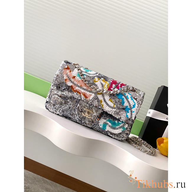 Chanel Flap Bag Satin Sequins Silver Multicolor 25.5cm - 1