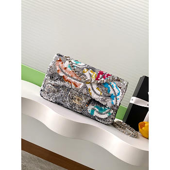Chanel Flap Bag Satin Sequins Silver Multicolor 25.5cm