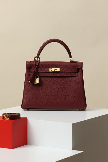 Hermes Kelly 25 Red Wine Togo Gold 25cm