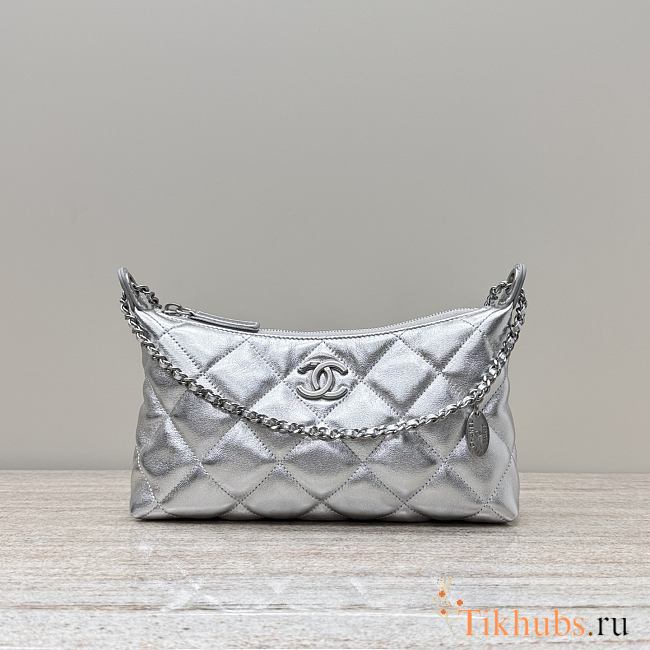Chanel Hobo Bag Silver Lambskin 26x8.5x17cm - 1