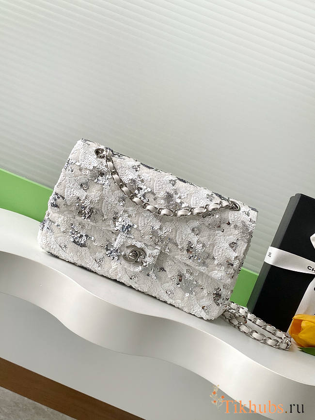 Chanel Flap Bag Satin Sequins Silver 25.5cm - 1