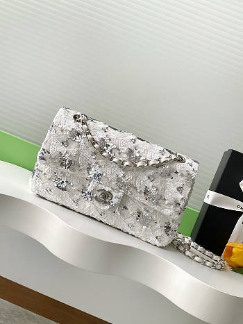 Chanel Flap Bag Satin Sequins Silver 25.5cm