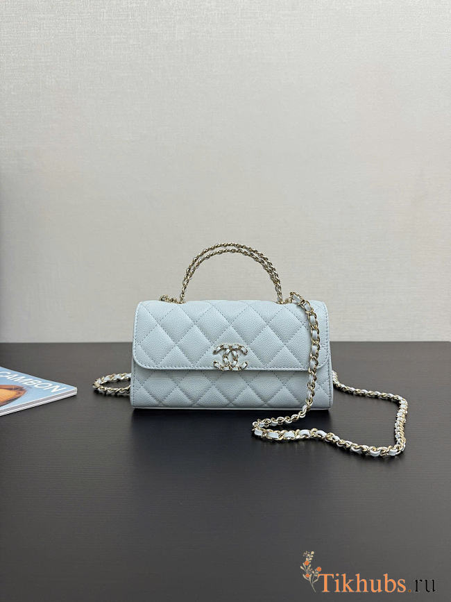 Chanel Flap Chain Bag Blue Caviar Gold With Handle 18x10x4.5cm - 1