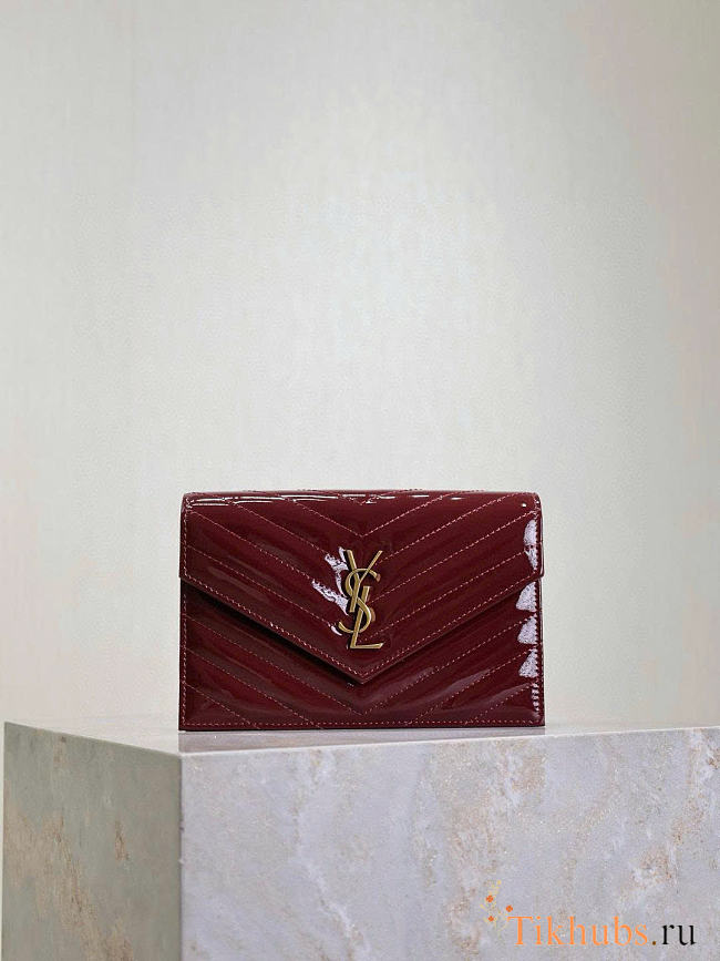 YSL Cassandre Envelope Chain Wallet Patent Red Wine 19x12.5x3.5cm - 1