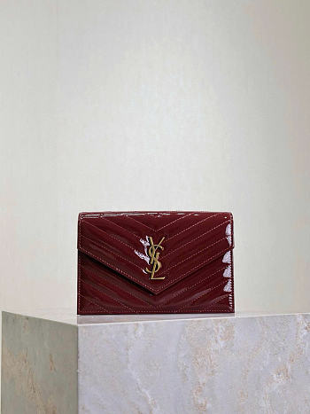 YSL Cassandre Envelope Chain Wallet Patent Red Wine 19x12.5x3.5cm