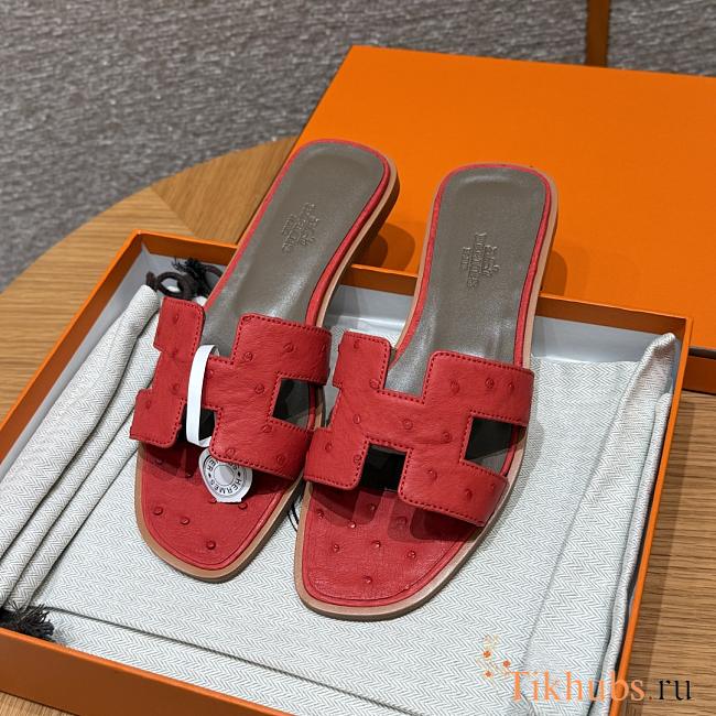 Hermes Oran Red Ostrich Slides - 1