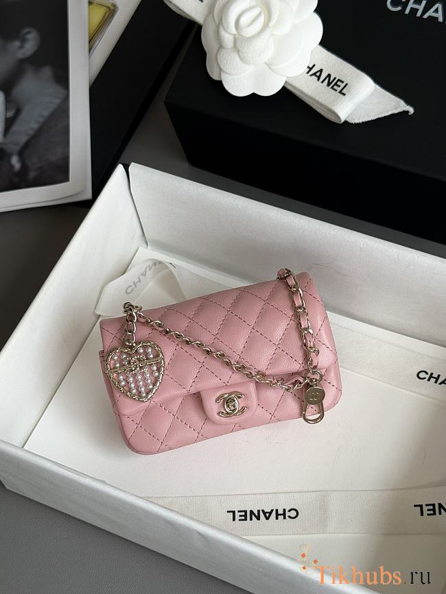 Chanel Flap Bag Mini with Hook Lambskin Gold Pink 12.5x8x5cm - 1