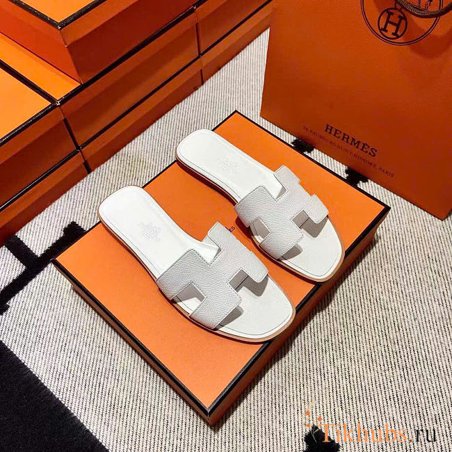 Hermes Oran Epsom White Slides - 1