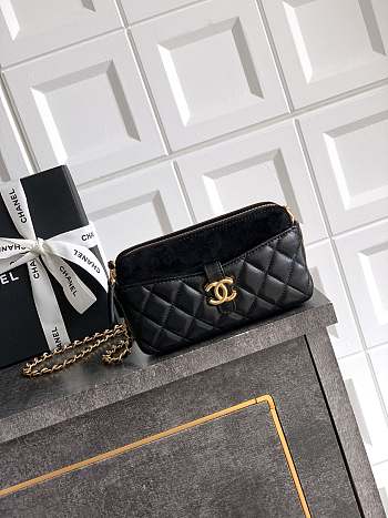 Chanel Zipper Phone Wallet with Chain Suede Black 18x10x3cm