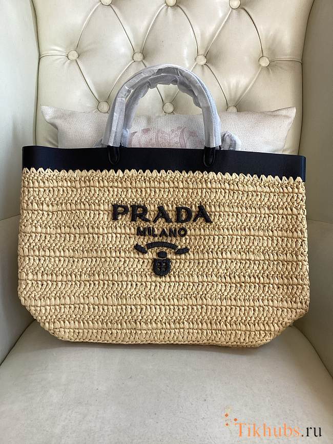 Prada Medium Crochet Leather Tote Bag Tan/Black 32x29x16cm - 1