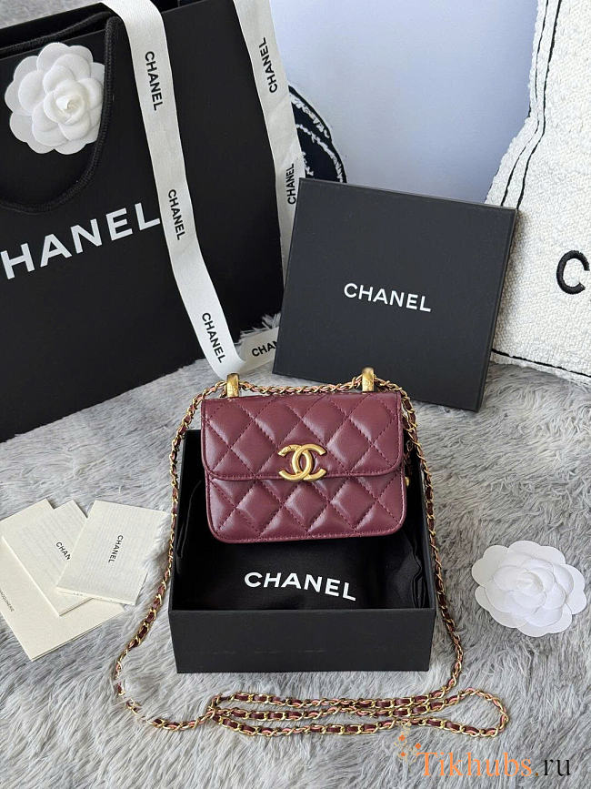 Chanel Mini Flap Bag Burgundy Lambskin Gold 12cm - 1
