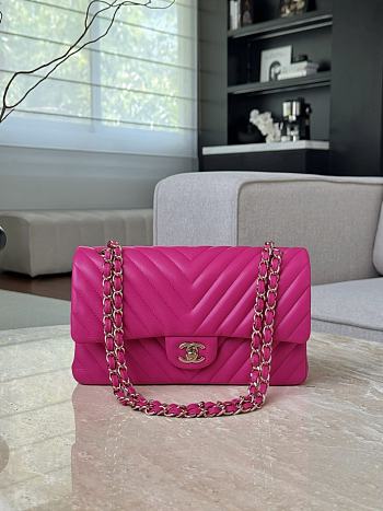 Chanel Flap Bag Chevron Fuchsia Pink Lambskin Silver 25cm
