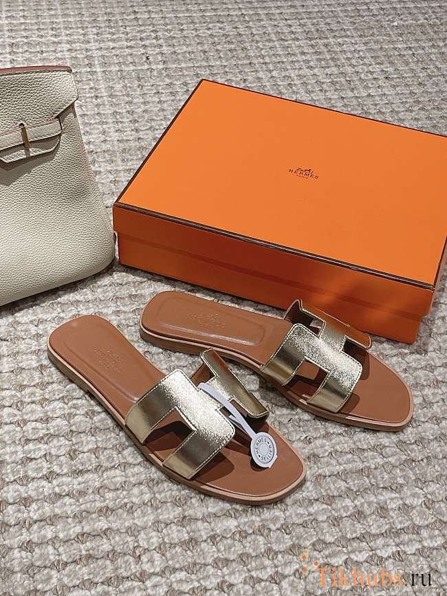 Hermes Oran Gold Metallic Brown Slides - 1
