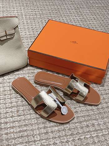 Hermes Oran Gold Metallic Brown Slides