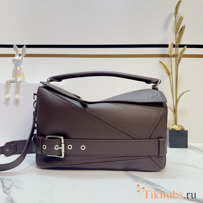 Loewe Large Puzzle Biker Bag Shiny Calfskin Dark Brown 33x21.5x14.7cm - 1