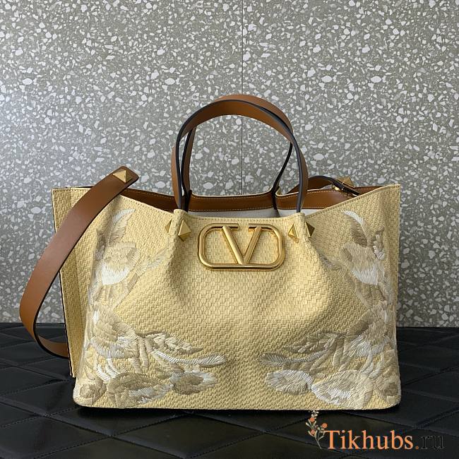 Valentino Medium Shopping Bag Raffia With Floral 35x25x17cm - 1