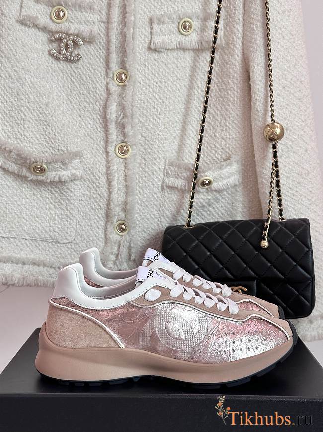 Chanel CC Logo Metallic Pink Sneakers - 1