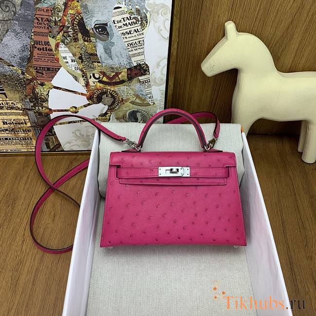 Hermes Mini Kelly Pink Fuchsia Silver Ostrich 19cm - 1