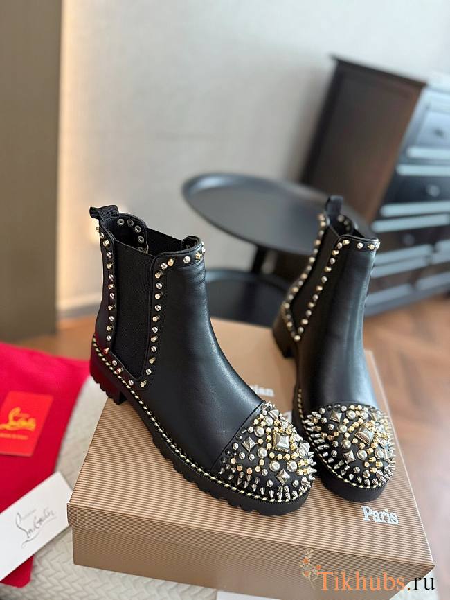Christian Louboutin Calfskin Studded Chasse Black Boots - 1