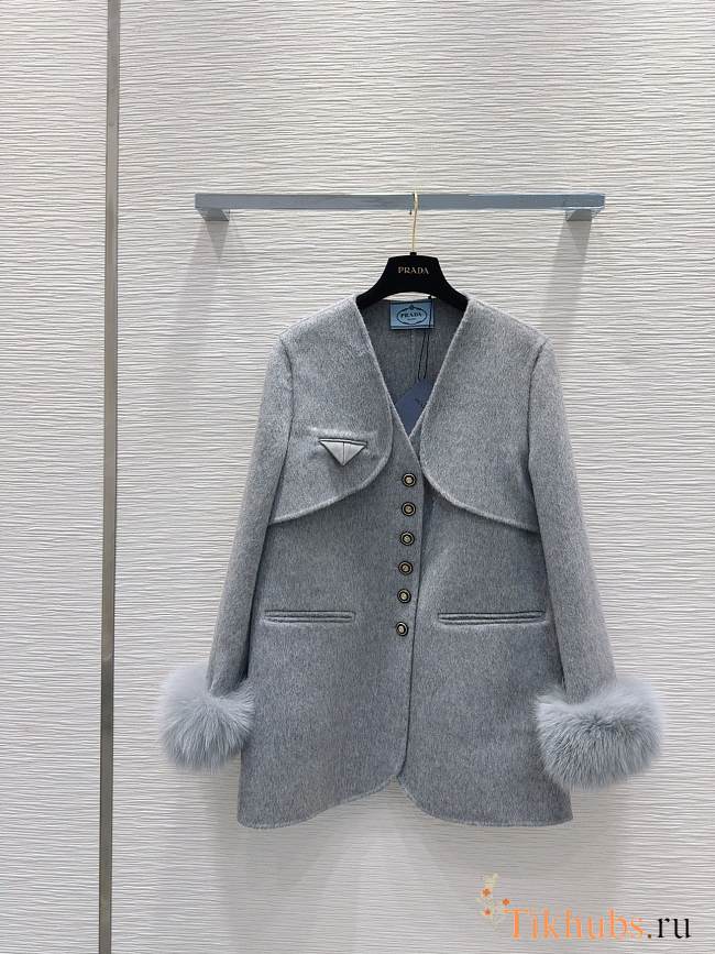 Prada grey wool coat with fur cuffs - 1