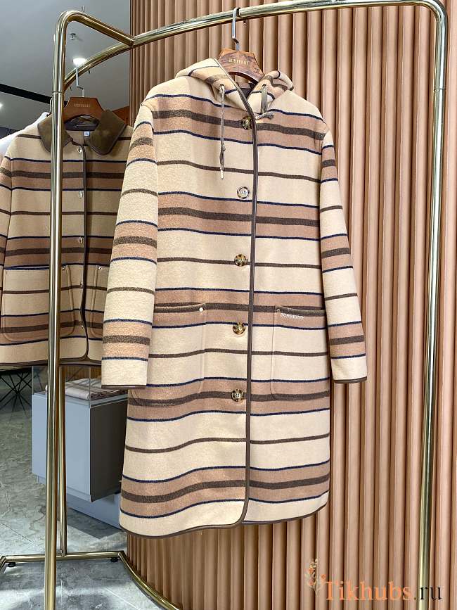 Burberry Hooded Striped Leather-Trimmed Wool Coat - 1