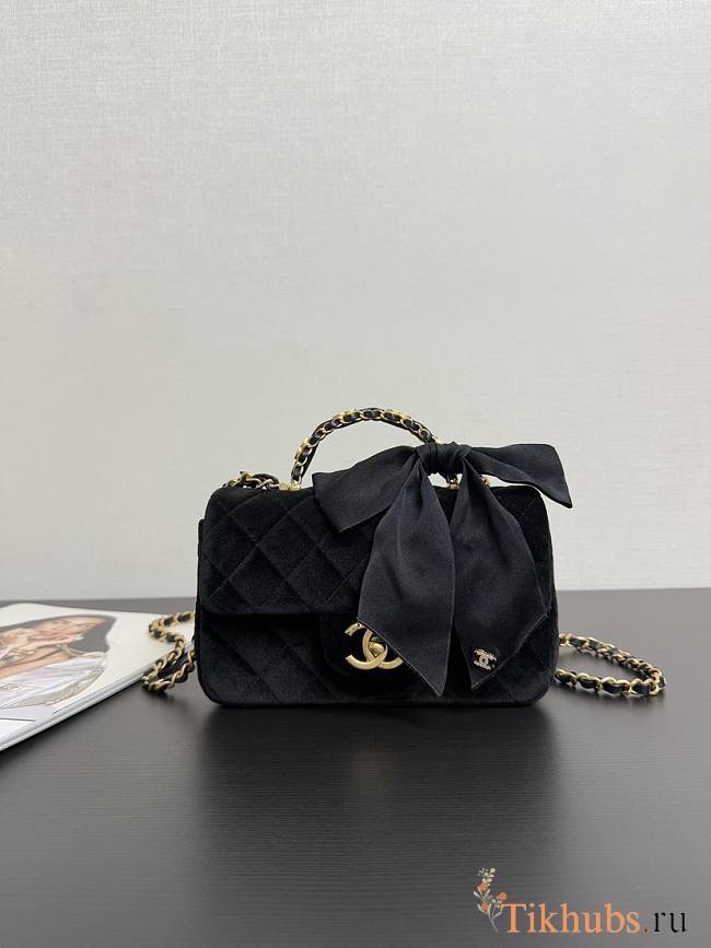 CHANEL Mini Flap Bag With Handle Silk & Gold Metal Black 13×20×6 cm - 1