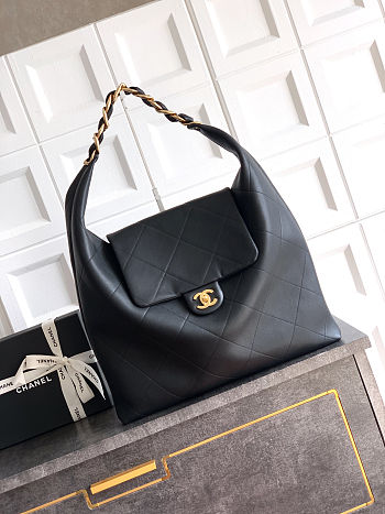 Chanel Maxi Hobo Bag Glossy Calfskin & Gold Metal Black 43x53x9cm