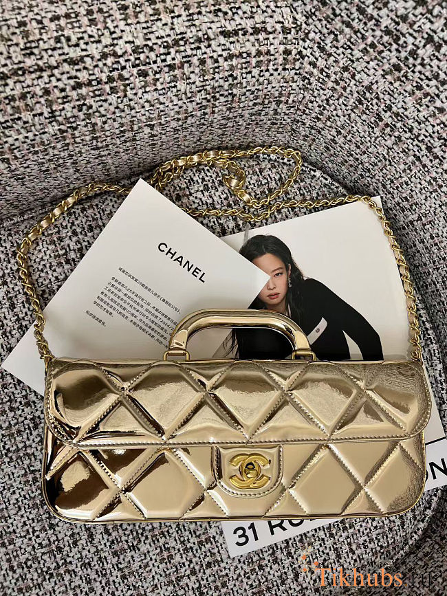 Large flap bag with handle Mirrored Calfskin & Gold Metallic Pale gold 12x29x5cm - 1
