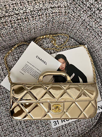 Large flap bag with handle Mirrored Calfskin & Gold Metallic Pale gold 12x29x5cm