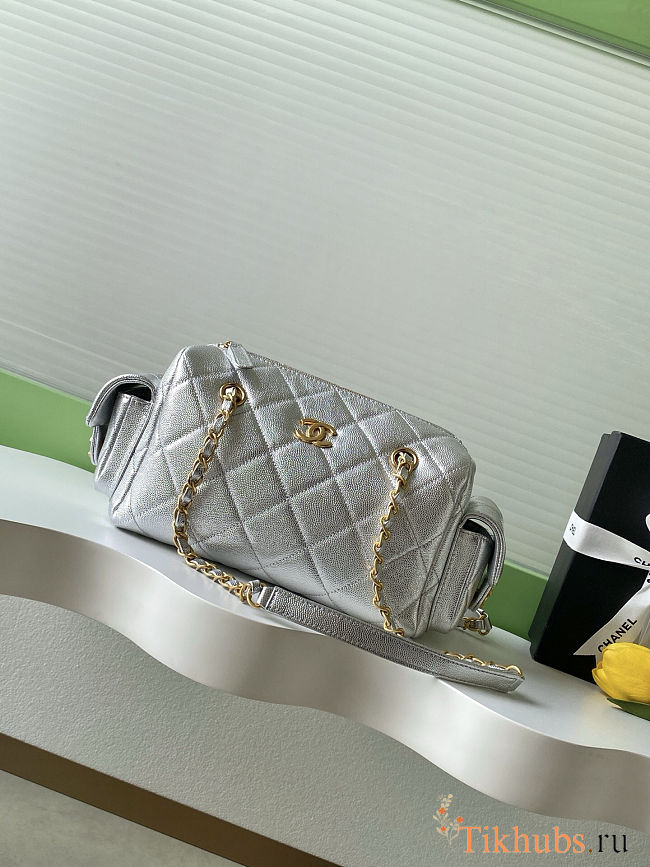 Chanel Mini Boston Bag in silver quilted leather 15.5x24x11.5 cm - 1