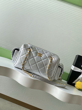 Chanel Mini Boston Bag in silver quilted leather 15.5x24x11.5 cm