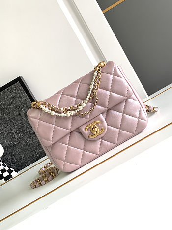 Chanel Mini Square Pearl Flap Bag Light Pink Iridescent Lambskin Brushed Gold Hardware size 18cm