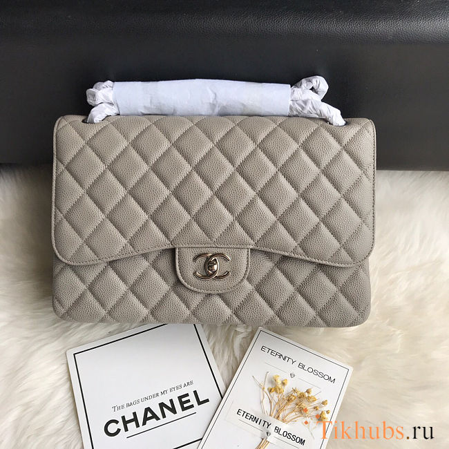 Chanel Classic Double Flap bag in a grey or taupe caviar leather 30cm - 1