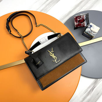 YSL Sunset Handbag in Black Calfskin and Brown Suede with Top Handle 25x18x5cm