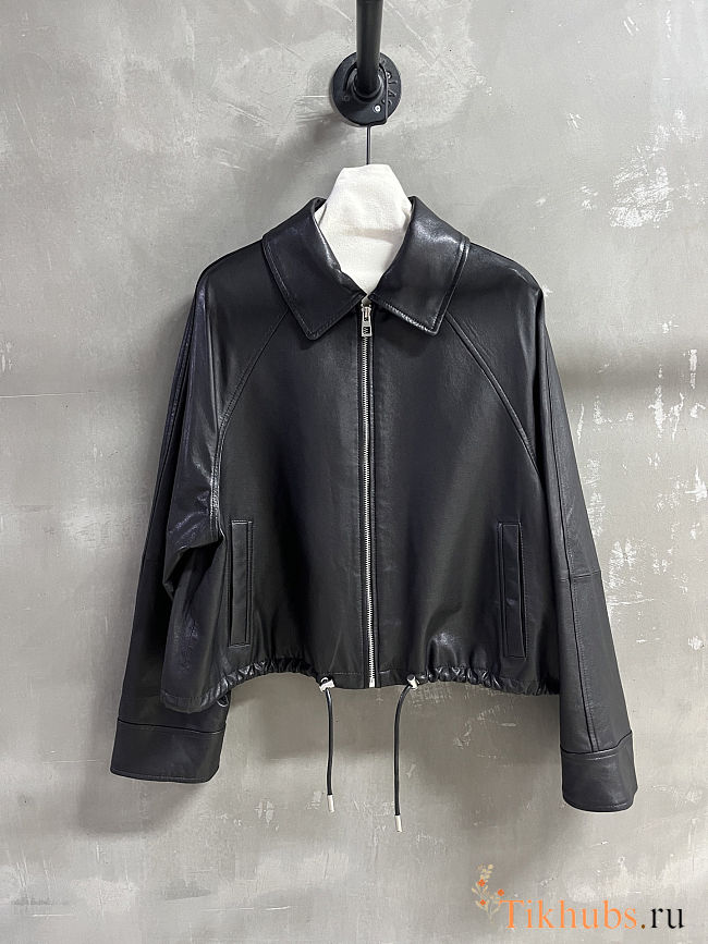 Loewe black leather bomber jacket with a drawstring hem - 1