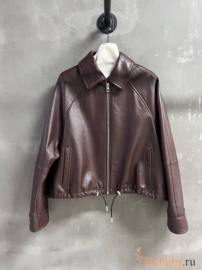 Loewe brown leather bomber jacket with a drawstring hem - 1