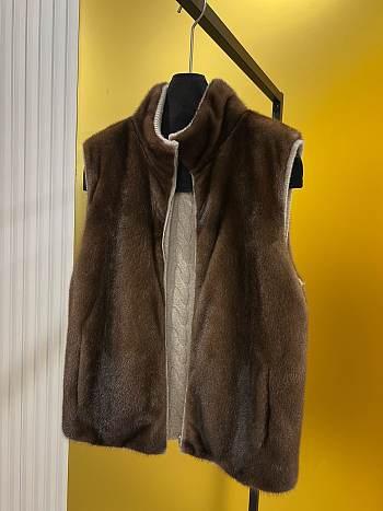 LP style mink fur zip-up vest brown
