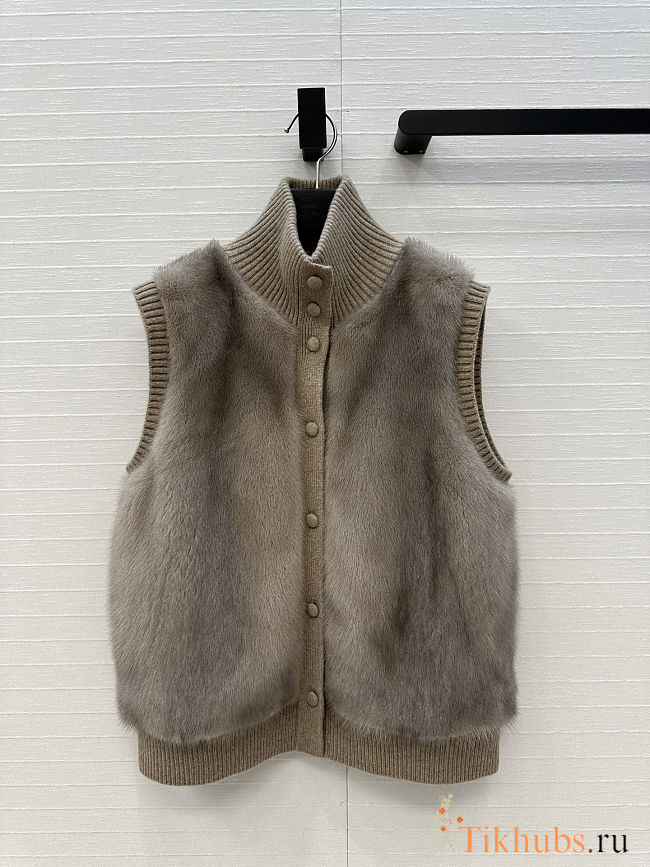 LP style brown fur vest with a ribbed knit turtleneck - 1