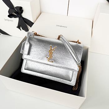 Saint Laurent Sunset bag in a metallic silver with gold hardware 22x8x16cm