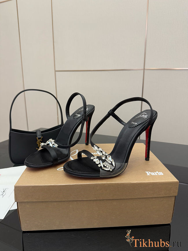 Christian Louboutin Loubigirl Chain 100 Ankle Strap sandal in black crepe satin 10.5 cm - 1