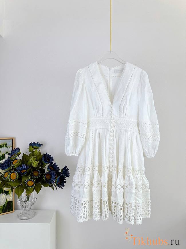 Zimmermann Devi Spliced Billow linen mini dress with crochet trim - 1