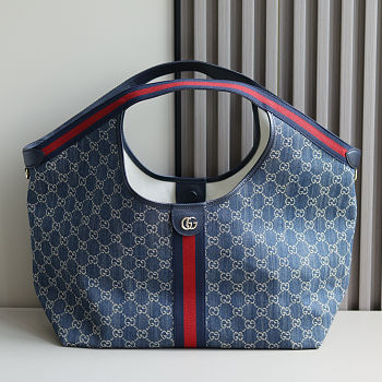 Gucci Giglio tote bag in blue and white GG denim with red and blue Web trim 60 x 47 x 16㎝