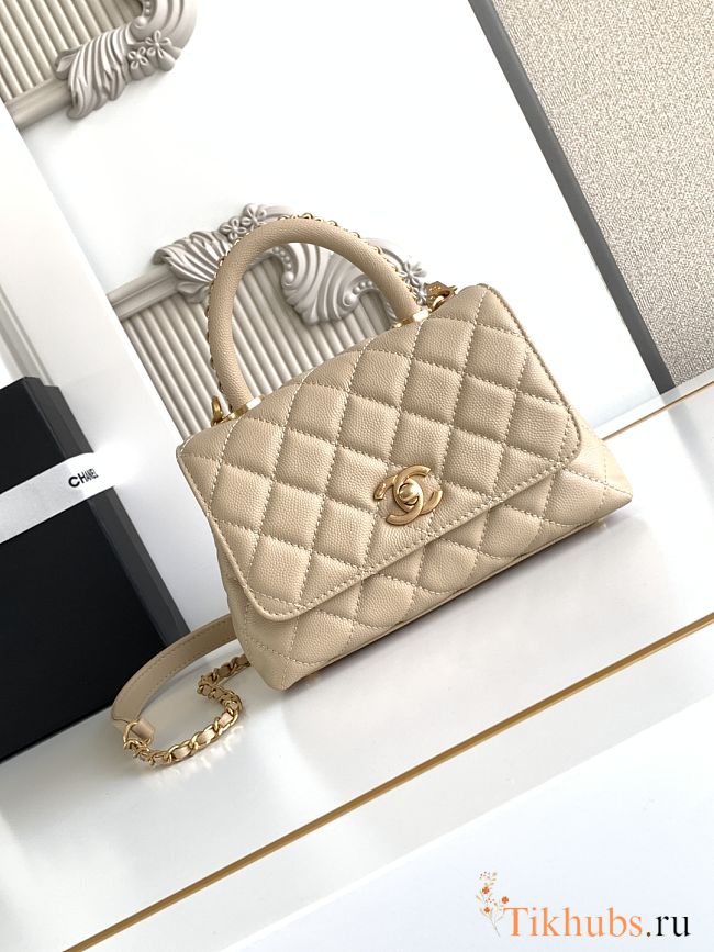 Chanel Mini Coco Handle bag in beige caviar leather with light gold hardware size 19 cm - 1