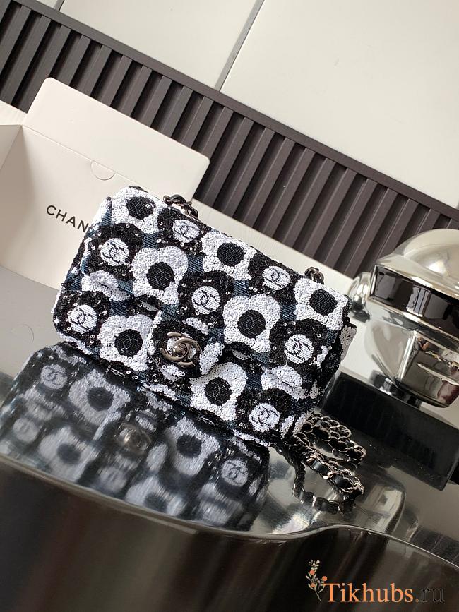 Chanel Satin Sequin Embellished Flower Mini Rectangular Flap Black White Blue 20x14x7cm - 1