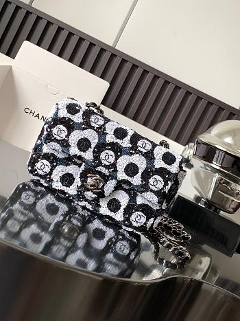 Chanel Satin Sequin Embellished Flower Mini Rectangular Flap Black White Blue 20x14x7cm