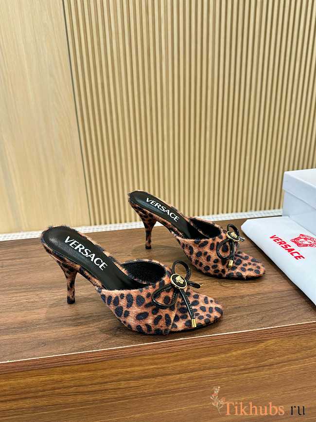 Versace 85mm Opera Bow leopard-print mules - 1